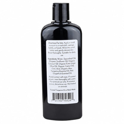 A black bottle labeled with directions, ingredients, and a barcode features Jarhead Aromatics' Twisted Tangerine Handmade Natural Body Wash—a moisturizing body wash crafted with organic aloe, plant-based oils such as sunflower and olive, and essential oils. Suitable for daily use and not tested on animals.