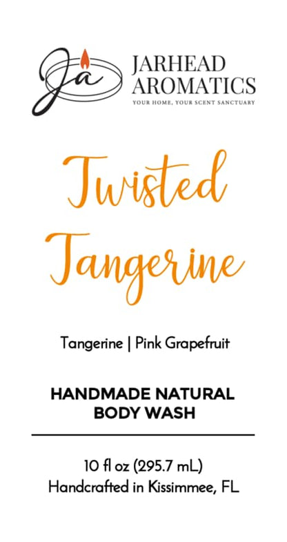 Label for Jarhead Aromatics Twisted Tangerine Handmade Natural Body Wash | Moisturizing Body Wash with Organic Aloe & Plant-Based Oils, featuring a vibrant tangerine and pink grapefruit scent. This handmade natural body wash is crafted in Kissimmee, FL and comes in a 10 fl oz (295.7 mL) bottle. Logo at top with candle flame in the J.