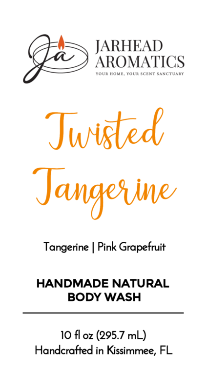 A label for Jarhead Aromatics Twisted Tangerine Handmade Natural Body Wash, featuring organic aloe and plant-based oils, with a clean white background and orange script. Handcrafted in Kissimmee, FL.