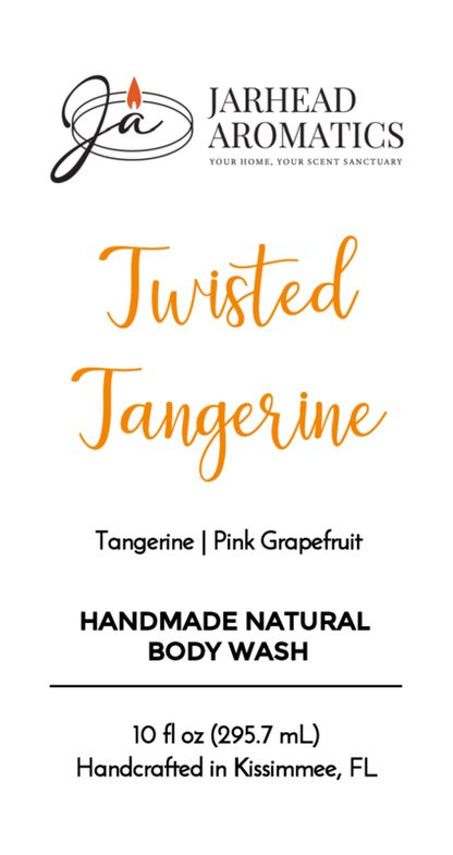 A label for Jarhead Aromatics Twisted Tangerine Handmade Natural Body Wash, featuring organic aloe and plant-based oils, with a clean white background and orange script. Handcrafted in Kissimmee, FL.