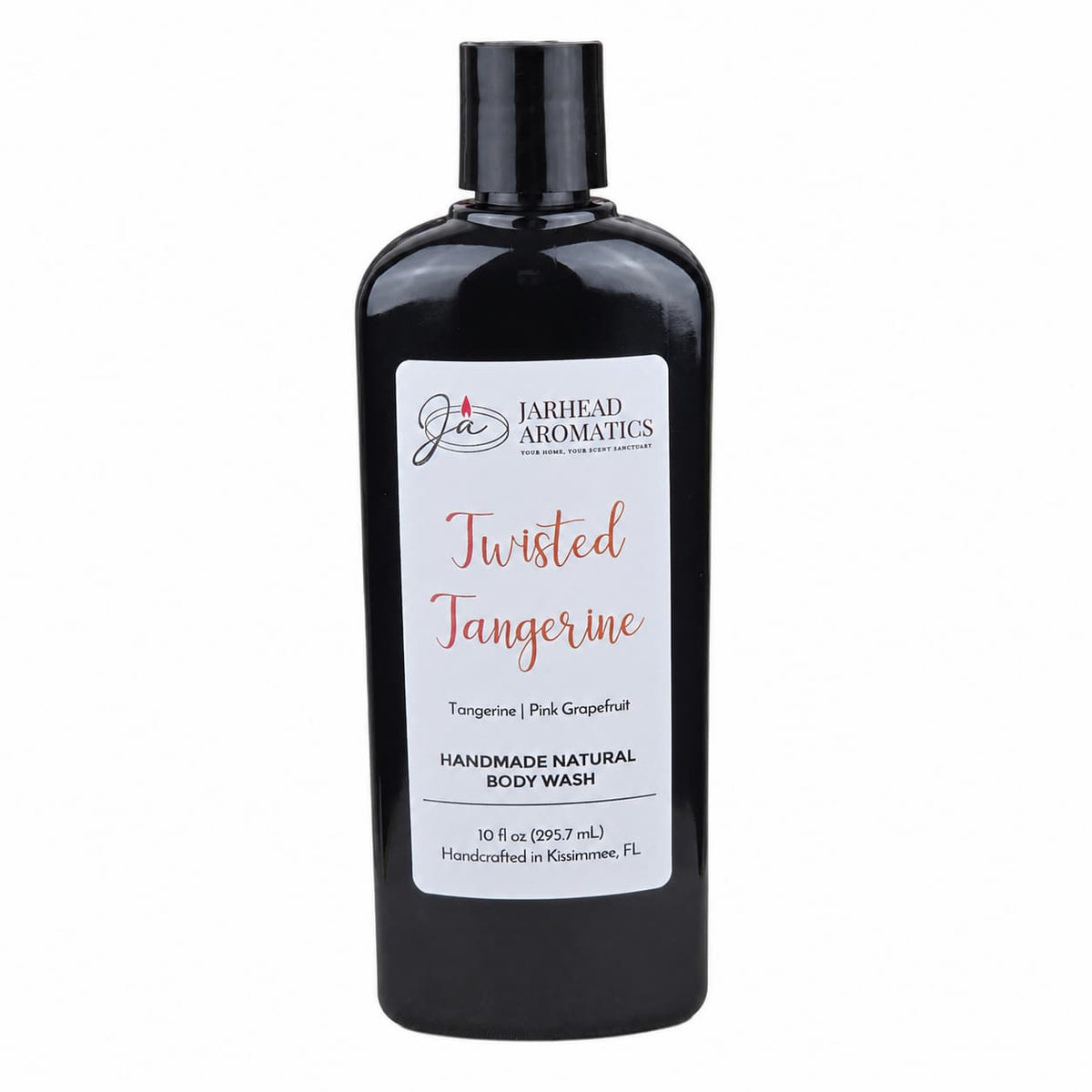 A 10 fl oz black bottle of Jarhead Aromatics Twisted Tangerine Handmade Natural Body Wash, featuring a white label. This moisturizing body wash is made with organic aloe and plant-based oils, and combines tangerine and pink grapefruit for a refreshing, invigorating citrus cleanse.