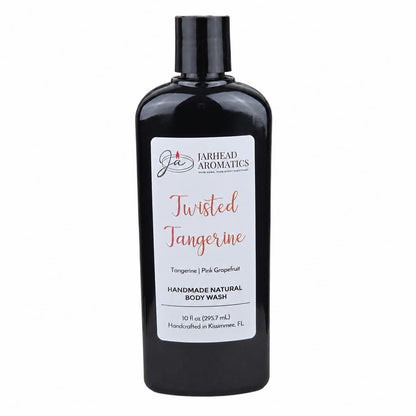 A 10 fl oz black bottle of Jarhead Aromatics Twisted Tangerine Handmade Natural Body Wash, featuring a white label. This moisturizing body wash is made with organic aloe and plant-based oils, and combines tangerine and pink grapefruit for a refreshing, invigorating citrus cleanse.