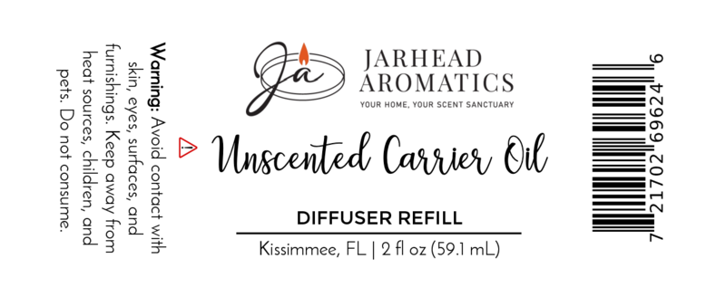 Label for Jarhead Aromatics Unscented Carrier Oil Diffuser Refill, Base Oil for Reed & Cold Air Diffusers, 2 fl oz. Made in Kissimmee, FL. Avoid skin and surface contact. Barcode located on the right side.