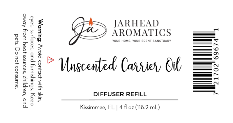 White label for Jarhead Aromatics Unscented Carrier Oil Diffuser Refill | Base Oil for Reed & Cold Air Diffusers, 4 fl oz. Features warning text, barcode, a flame logo at the top, and “Kissimmee, FL” at the bottom.