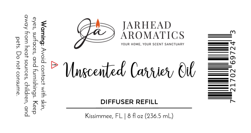 Jarhead Aromatics Unscented Carrier Oil Diffuser Refill | Base Oil for Reed & Cold Air Diffusers, 8 fl oz. Avoid contact with skin, eyes, surfaces & heat; keep from children/pets; do not ingest. Barcode. Kissimmee, FL.