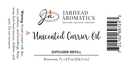 Jarhead Aromatics Unscented Carrier Oil Diffuser Refill | Base Oil for Reed & Cold Air Diffusers, 8 fl oz. Avoid contact with skin, eyes, surfaces & heat; keep from children/pets; do not ingest. Barcode. Kissimmee, FL.