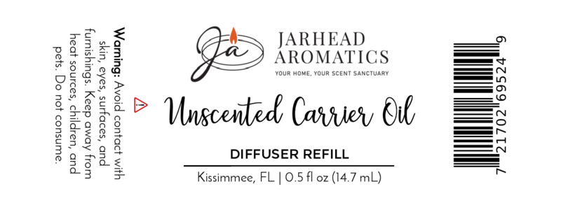 Jarhead Aromatics Unscented Carrier Oil Cold Air Diffuser Refill, 0.5 fl oz (14.7 mL). Use as base oil for fragrance/essential oils in cold air diffusers. Avoid furnishings; keep from children/pets; do not ingest. Includes barcode.
