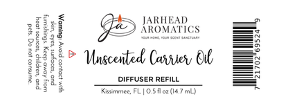 Jarhead Aromatics Unscented Carrier Oil Cold Air Diffuser Refill, 0.5 fl oz (14.7 mL). Use as base oil for fragrance/essential oils in cold air diffusers. Avoid furnishings; keep from children/pets; do not ingest. Includes barcode.