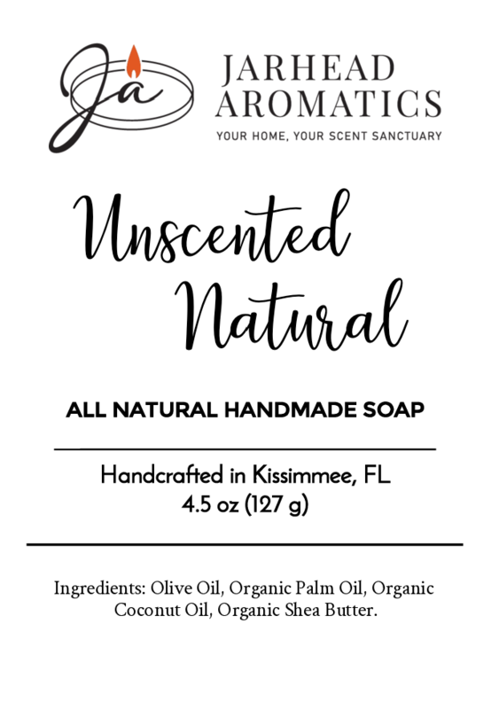 Jarhead Aromatics Unscented Natural Handmade Soap - All Natural, 4.5 oz, crafted in Kissimmee, FL with oils and shea butter via cold-process; gentle for sensitive skin. Features a classic black and white design.