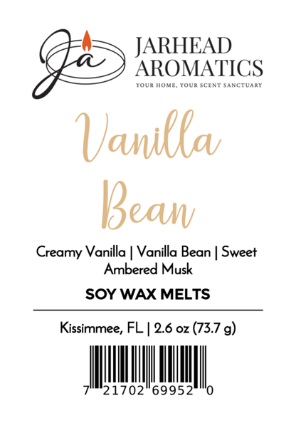 Jarhead Aromatics Vanilla Bean Soy Wax Melt | Creamy Vanilla & Amber Musk scent. 2.6 oz (73.7g), made in Kissimmee, FL. Barcode at bottom.