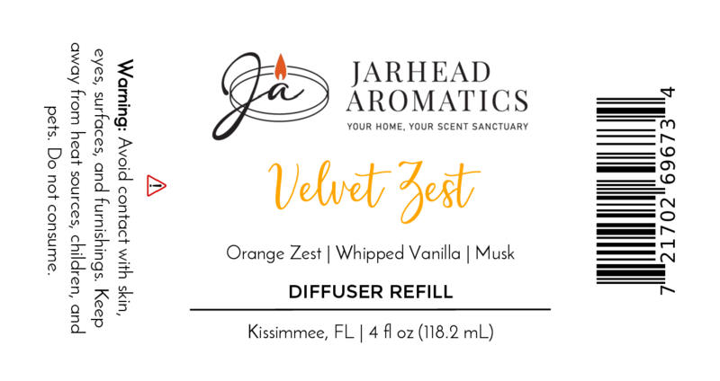 A label for the Velvet Zest Diffuser Refill by Jarhead Aromatics—a citrus, vanilla & brown sugar home fragrance oil. Warning: avoid contact with skin, eyes, surfaces; do not ingest. Size: 4 fl oz (118.2 mL).