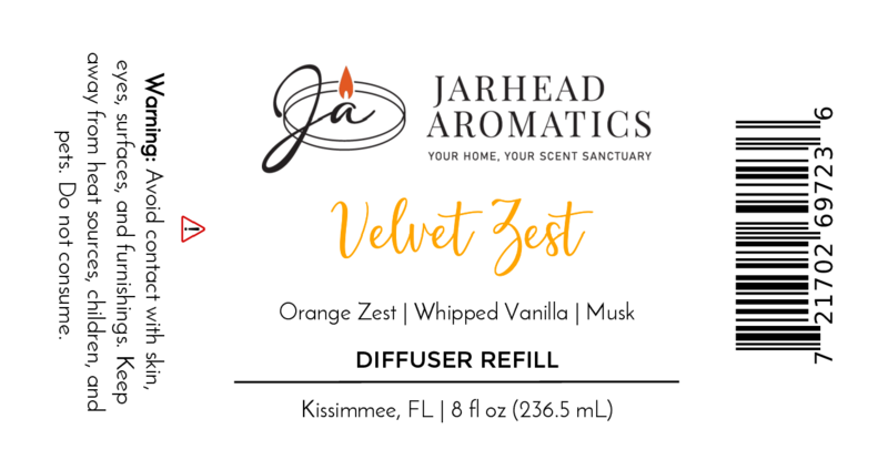 Jarhead Aromatics Velvet Zest Diffuser Refill | Citrus, Vanilla & Brown Sugar Home Fragrance Oil Refill. Warning: Avoid contact with skin, eyes, furnishings, heat sources, children & pets. 8 fl oz.