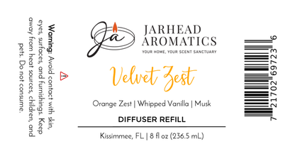 Jarhead Aromatics Velvet Zest Diffuser Refill | Citrus, Vanilla & Brown Sugar Home Fragrance Oil Refill. Warning: Avoid contact with skin, eyes, furnishings, heat sources, children & pets. 8 fl oz.