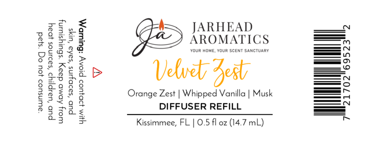 Jarhead Aromatics Velvet Zest Cold Air Diffuser Refill | Citrus Vanilla & Brown Sugar: Enjoy a lasting home scent with citrus, vanilla, and brown sugar. Warning: Keep away from children, pets, and furnishings.