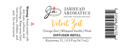 Jarhead Aromatics Velvet Zest Cold Air Diffuser Refill | Citrus Vanilla & Brown Sugar: Enjoy a lasting home scent with citrus, vanilla, and brown sugar. Warning: Keep away from children, pets, and furnishings.
