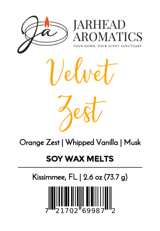 Jarhead Aromatics Velvet Zest Soy Wax Melt | Citrus Vanilla & Caramel—enjoy notes of orange zest, whipped vanilla, caramel, and musk. Long-lasting fragrance. Net wt 2.6 oz (73.7 g). Barcode on bottom.