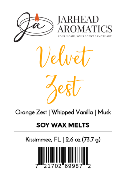 Jarhead Aromatics Velvet Zest Soy Wax Melt | Citrus Vanilla & Caramel—enjoy notes of orange zest, whipped vanilla, caramel, and musk. Long-lasting fragrance. Net wt 2.6 oz (73.7 g). Barcode on bottom.