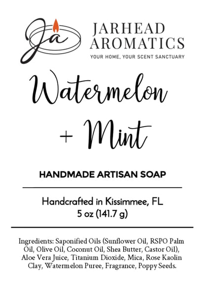Label for Jarhead Aromatics Watermelon + Mint Handmade Artisan Soap | Refreshing Summer Bar Soap—a handmade artisan soap crafted in Kissimmee, FL. Made with sunflower oil, coconut oil, watermelon puree, fragrance, and poppy seeds for a refreshing natural cleansing bar.