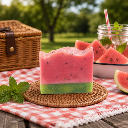 A bar of Jarhead Aromatics’ Watermelon + Mint Handmade Artisan Soap, crafted to resemble a juicy slice of watermelon, rests on a woven mat amidst a charming outdoor picnic scene—complete with a picnic basket, real watermelon slices, and a mason jar filled with a refreshing drink atop red-checkered cloth. This Refreshing Summer Bar Soap is the perfect indulgence for those who appreciate the beauty and revitalizing experience of an all-natural cleansing bar designed especially for sunny days.
