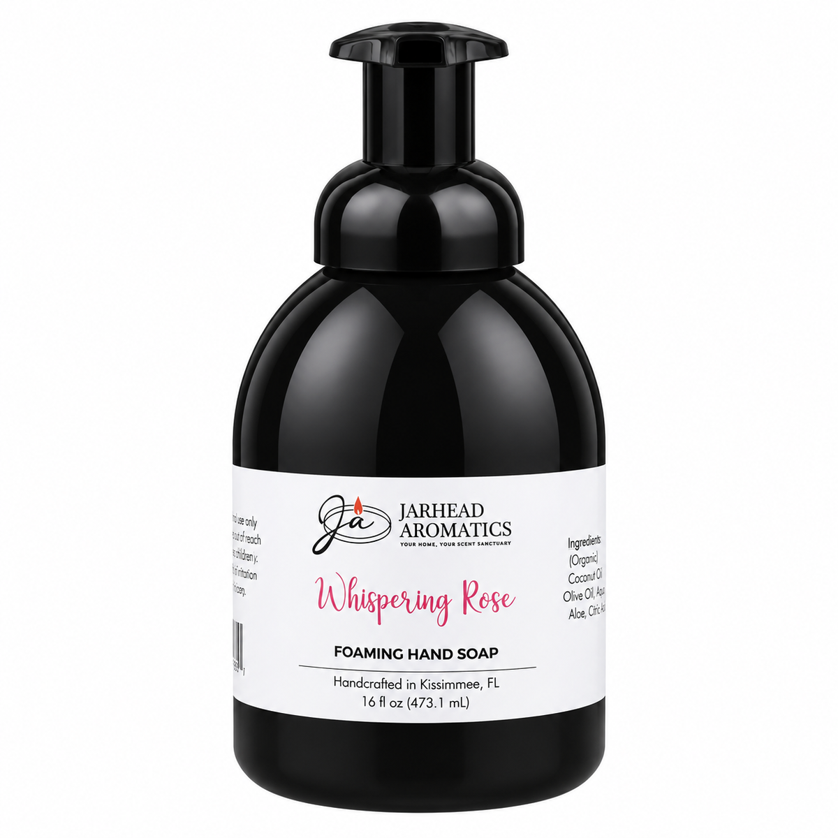 A black bottle of Jarhead Aromatics Whispering Rose Handmade Foaming Hand Soap featuring a pump dispenser and a label with the product name.