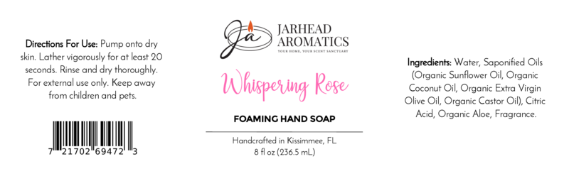 Jarhead Aromatics Whispering Rose Foaming Hand Soap label features a coastal scent, plant-based oils, usage directions, ingredients list, barcode, logo, and product info. Design uses mainly black text with pink accents.