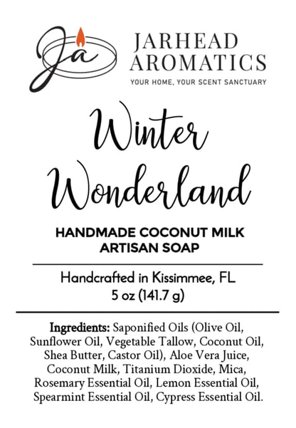 Product label for Winter Wonderland Handmade Coconut Milk Artisan Soap by Jarhead Aromatics, detailing the handcrafted location and full ingredient list for this Winter Collection soap.
