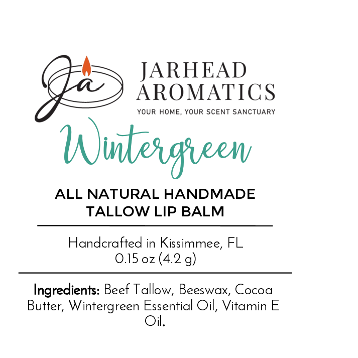 Jarhead Aromatics Tallow Lip Balm – All Natural – Assorted Flavors: handmade in Kissimmee, FL with grass-fed beef tallow, beeswax, cocoa butter, wintergreen essential oil & vitamin E for naturally nourished lips.