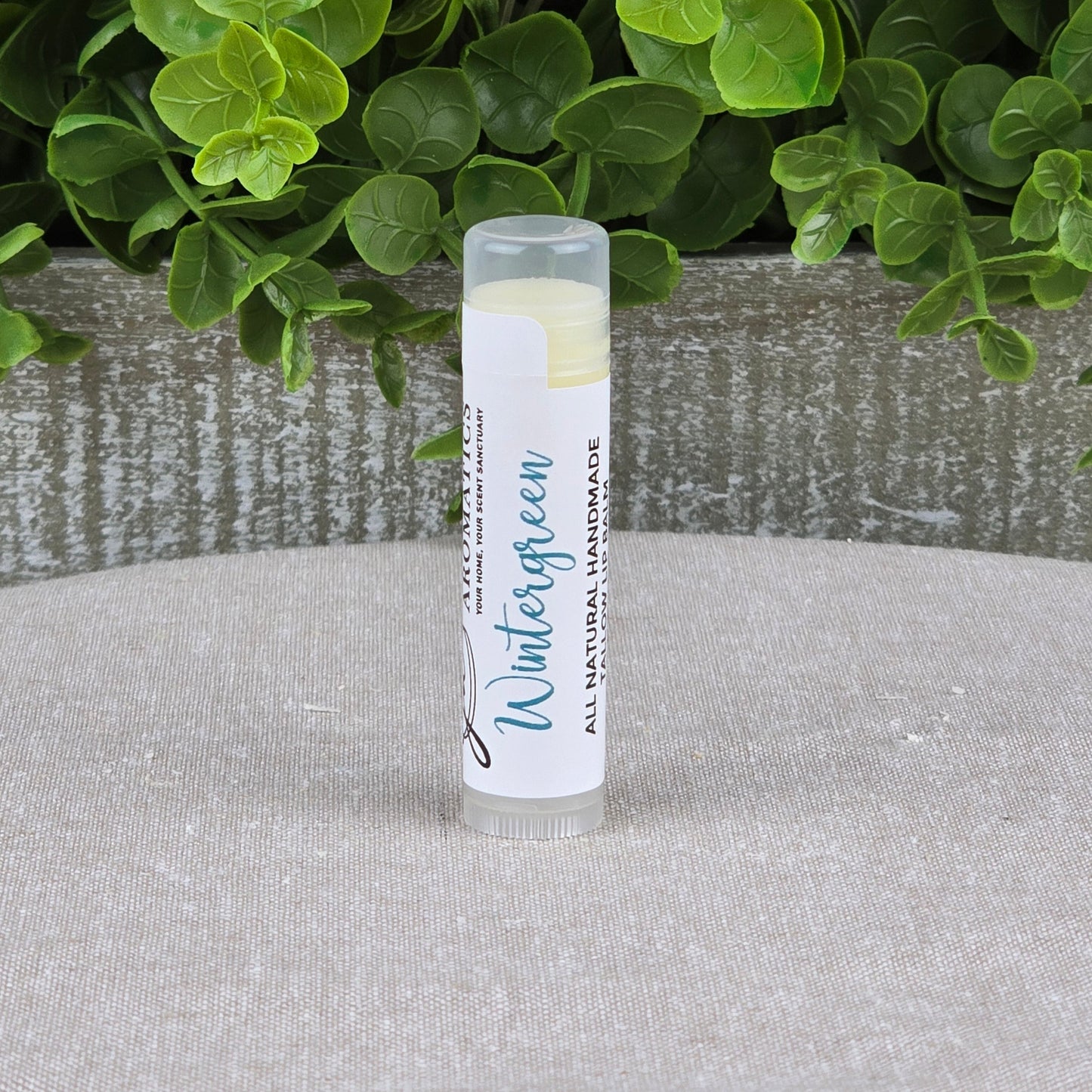 A tube of Jarhead Aromatics Tallow Lip Balm - All Natural - Assorted Flavors stands upright on a gray surface, with green leafy plants and a gray wooden planter in the background.