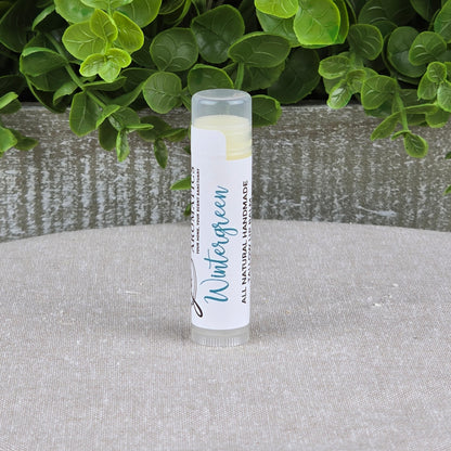 A tube of Jarhead Aromatics Tallow Lip Balm - All Natural - Assorted Flavors stands upright on a gray surface, with green leafy plants and a gray wooden planter in the background.