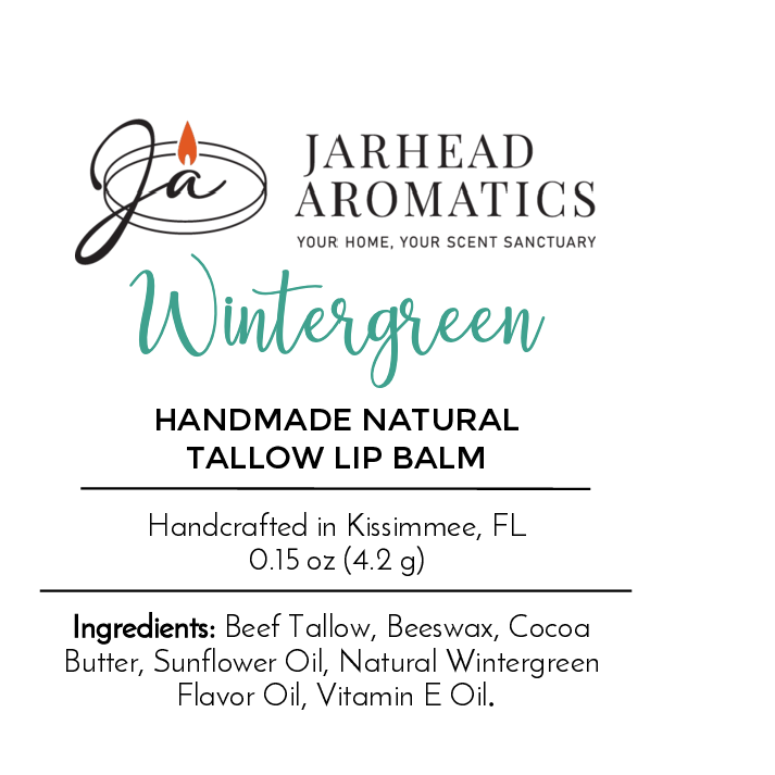 Jarhead Aromatics Tallow Handmade Natural Lip Balm - Assorted Flavors. Crafted in Kissimmee, FL with grass-fed beef tallow, beeswax, cocoa butter, sunflower oil, vitamin E & flavor oil. Net wt 0.15 oz.