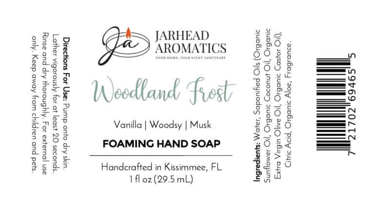 Product label for Jarhead Aromatics Woodland Frost Handmade Foaming Hand Soap, showing ingredients, usage directions, and a barcode.
