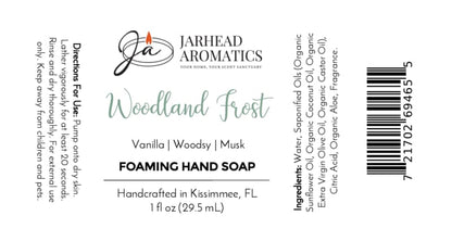 Product label for Jarhead Aromatics Woodland Frost Handmade Foaming Hand Soap, showing ingredients, usage directions, and a barcode.