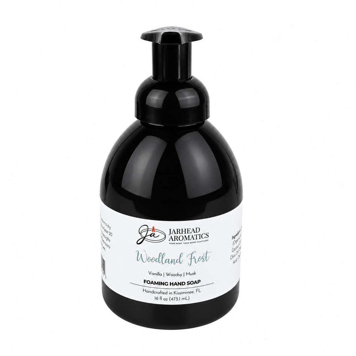 Jarhead Aromatics Woodland Frost Handmade Foaming Hand Soap in a black plastic bottle with a pump dispenser.