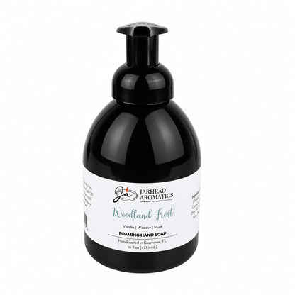 Jarhead Aromatics Woodland Frost Handmade Foaming Hand Soap in a black plastic bottle with a pump dispenser.