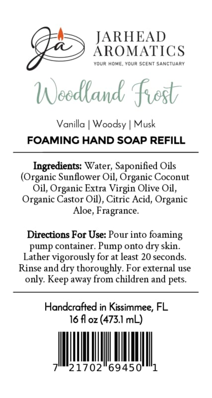 Product label for Woodland Frost Handmade Foaming Hand Soap, listing ingredients, directions, and a barcode.