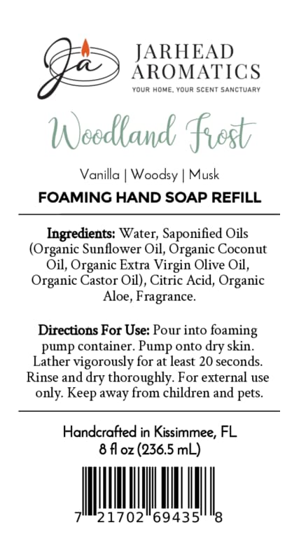 Product label for Jarhead Aromatics Woodland Frost Handmade Foaming Hand Soap, including ingredients, usage directions, and a barcode.