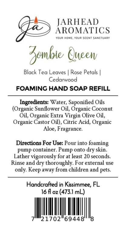 Product label for Zombie Queen Handmade Foaming Hand Soap by Jarhead Aromatics, listing ingredients, directions, and a barcode.