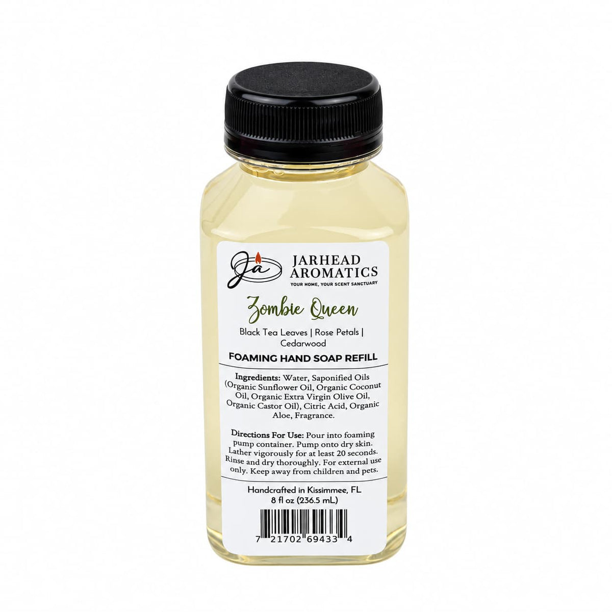 Clear plastic bottle of Zombie Queen Handmade Foaming Hand Soap | Black Tea, Rose Petals & Cedarwood with a black pump cap and a label detailing ingredients, directions, and scent notes.